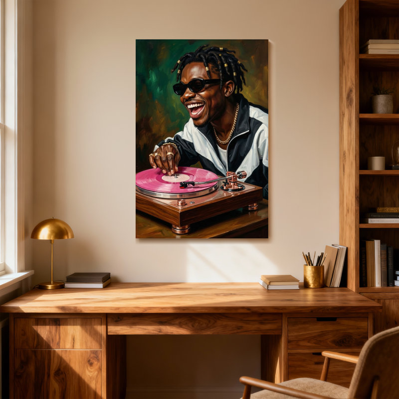 Homme à la mode avec des peurs et des lunettes de soleil jouant du vinyle