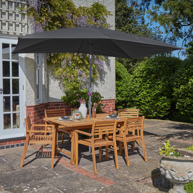 Sirmans 6 - Person Wood Patio Dining Set with Rectangular Table, Grey Regular Umbrella (No Cushions)