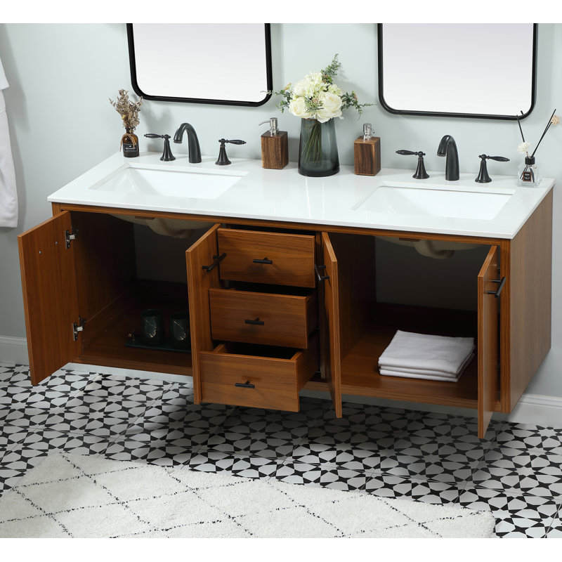 60'' Double Bathroom Vanity with Engineered Marble Top, Teak