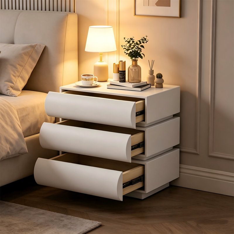 Table de chevet minimaliste avec 3 tiroirs en bois massif, table de chevet en cuir microfibre pour la chambre à coucher, blanc