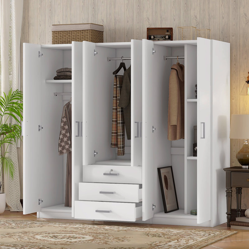 Rangement pour garde-robe en bois à 6 portes avec 6 grands tiroirs, blanc