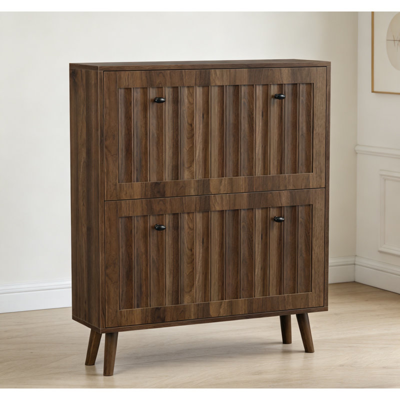 Medieval-style Modern Shoe Cabinet, Upright Shoe Storage Unit With Vertical Grooved Finish, 31.5-inch Walnut-colored Shoe Cabinet, Suitable For Hallways, Passageways And Entrances.
