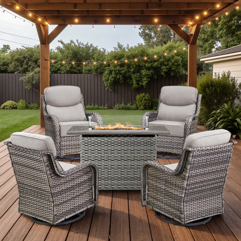 Outdoor Patio Multiple Swivel Rocking Chairs Seating Group With Wicker Fire Pit Table, Beige, Gray