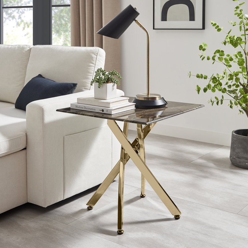 Atal Marble Effect Sofa Side Table - Glass Topped Metal Leg Small Table, Gold Chrome Metal, Grey Marble Effect