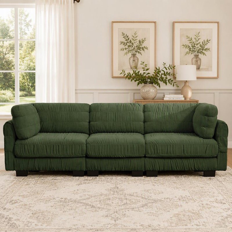 Canapé d'angle modulaire deux places en chenille à détails froncés, mousse haute densité, 109.4, Vert