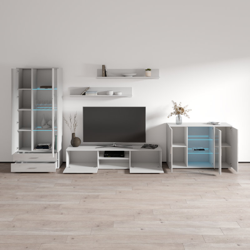 Sabala 150" Modern Entertainment Center with 16-Color LED Lighting, High Gloss Finish, Media Storage, White