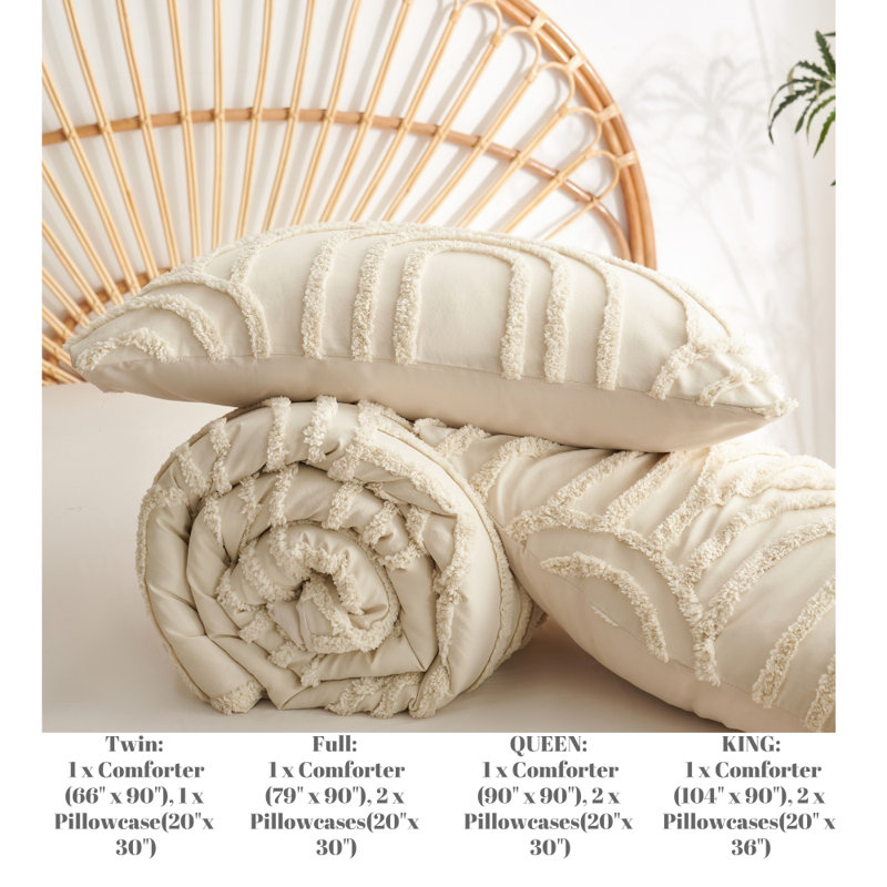 Nayoroom 2/3 Pieces Geometric Arch Pattern Tufted Microfiber Comforter Set Beige Farmhouse Embroidery Luxury Soft Bedding Set For All Seasons