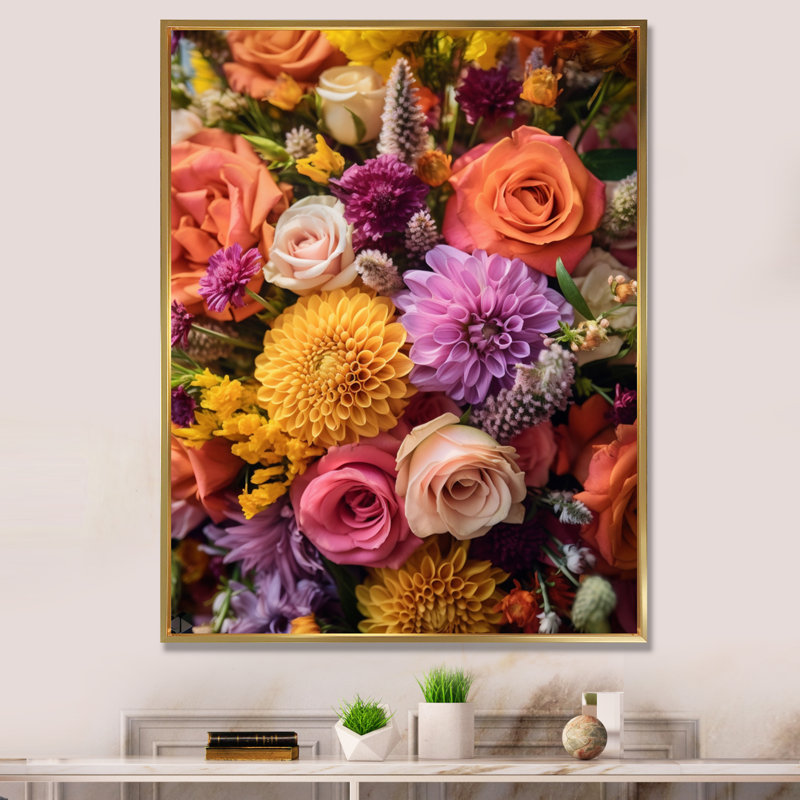 Assortiment de bouquets à la ferme V sur toile, Cadre flottant doré, H 20 po x l 12 po x P 1 po