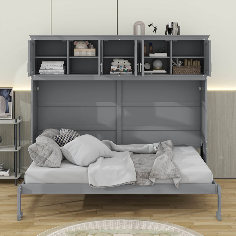 Lit escamotable avec armoires supérieures Murphy, Gris, Grand lit