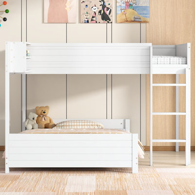 Full XL over Full XL Wooden Bunk Bed with Storage Shelf & Ladder, Solid Wood Frame, Slats Support, No Box Spring Needed, White
