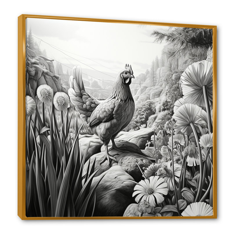 Art mural coq noir et blanc à la ferme, Cadre flottant doré, H 30 po x l 30 po x P 1,5 po