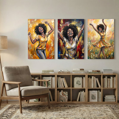 Abstract Joyful Woman Dancing In Vibrant Colours Set of 3 Canvas Wall Art Prints