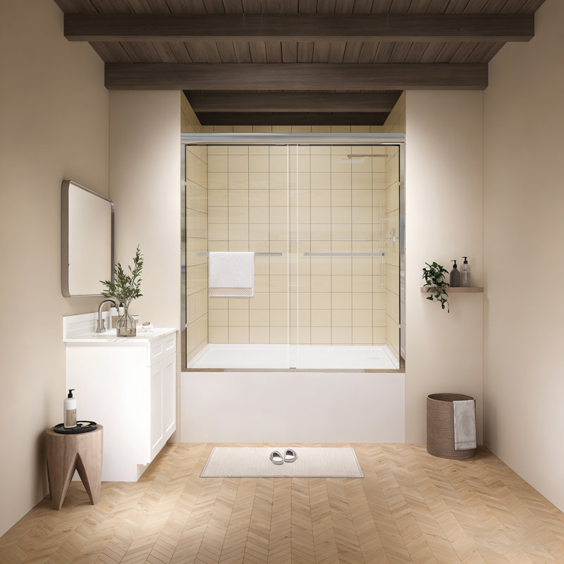 Porte de douche coulissante double encadrée en chrome de 56 à 60 po x H 58 po avec verre trempé transparent de 1/4 po et poignées doubles
