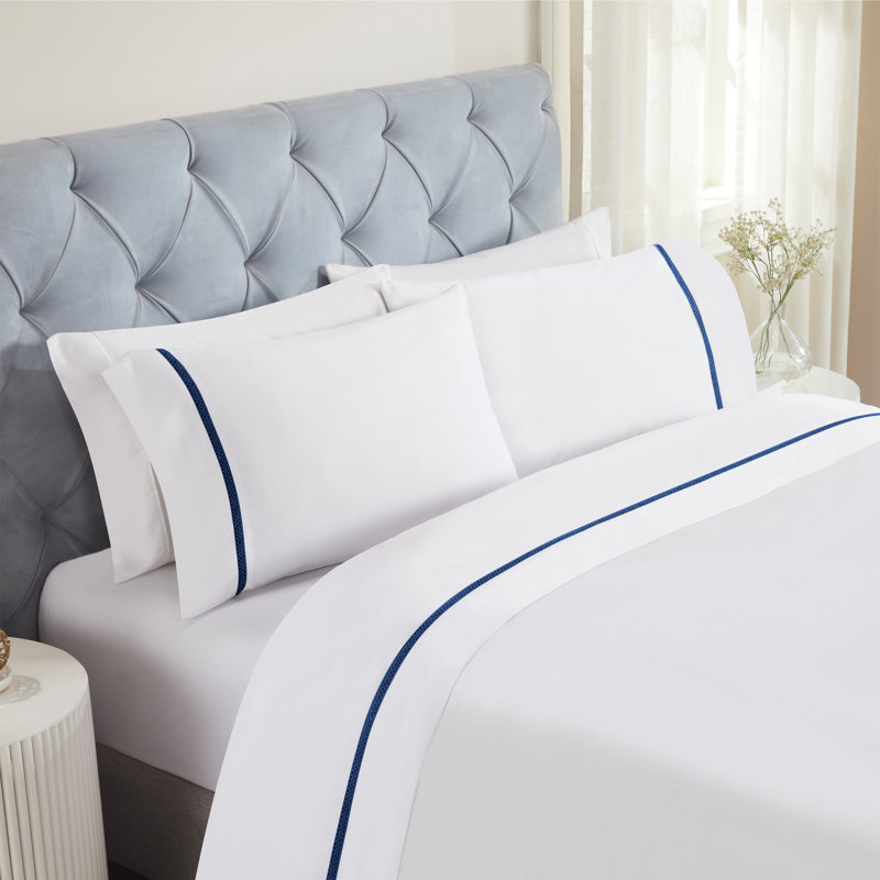 Riverton Cotton Cross-Stitch Embroidered Deep Pocket Bed Sheet Set by Superior, California King Sheet Set with 2 Pillowcases