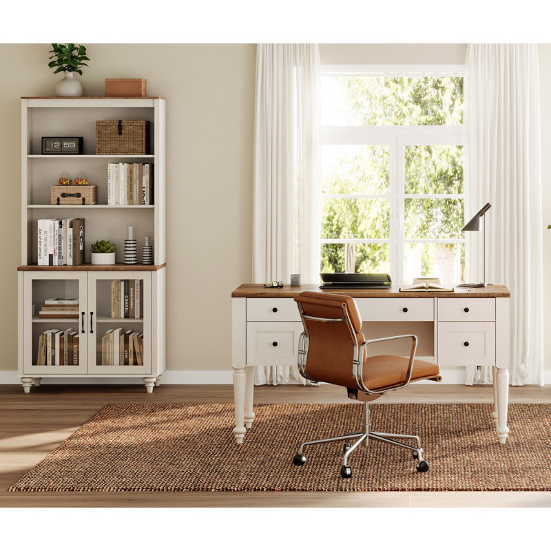 Ensemble de bureau 2 pièces, bureau double 56 "et bibliothèque avec portes en verre, blanc