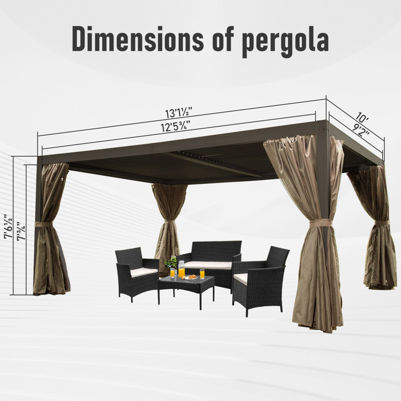 13 ft. x 10 ft. Aluminum Pergola with Adjustable Roof, Curtains & Netting, Brown