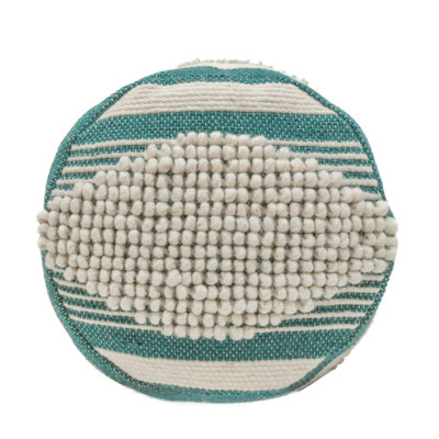 Pouf cylindrique en tissu fabriqué à la main Diamond, blanc et bleu sarcelle