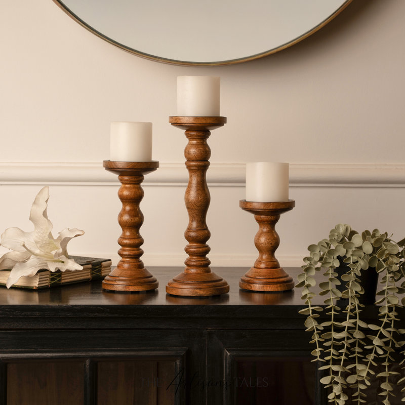 Ensemble de porte-bougie en bois de manguier 12 po 12 po - Ensemble rustique 3 pièces pour bougies DEL, Bois rustique