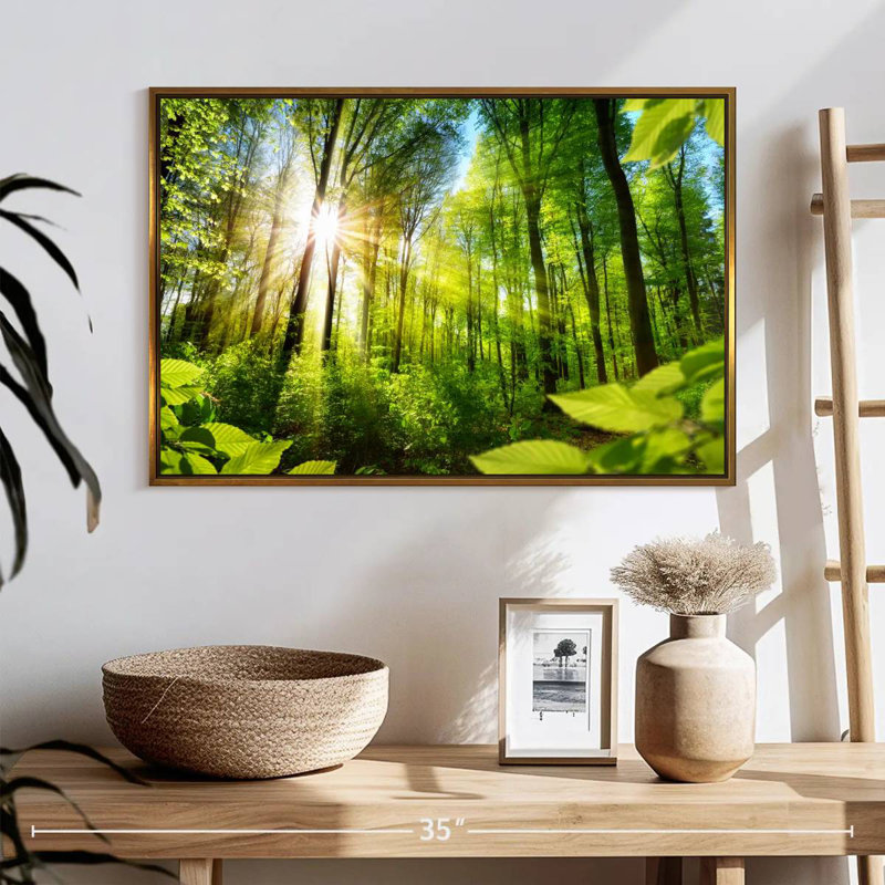 Forêt ensoleillée, 25 po x 17 po, Cadre flottant doré