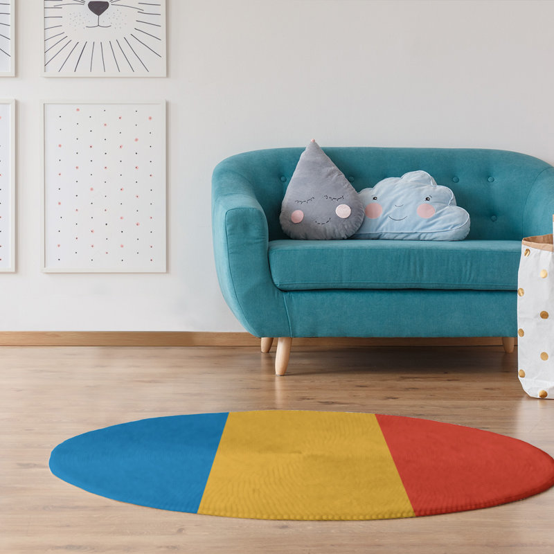 Tapis bleu/jaune/rouge rayé, Rond 5 pi