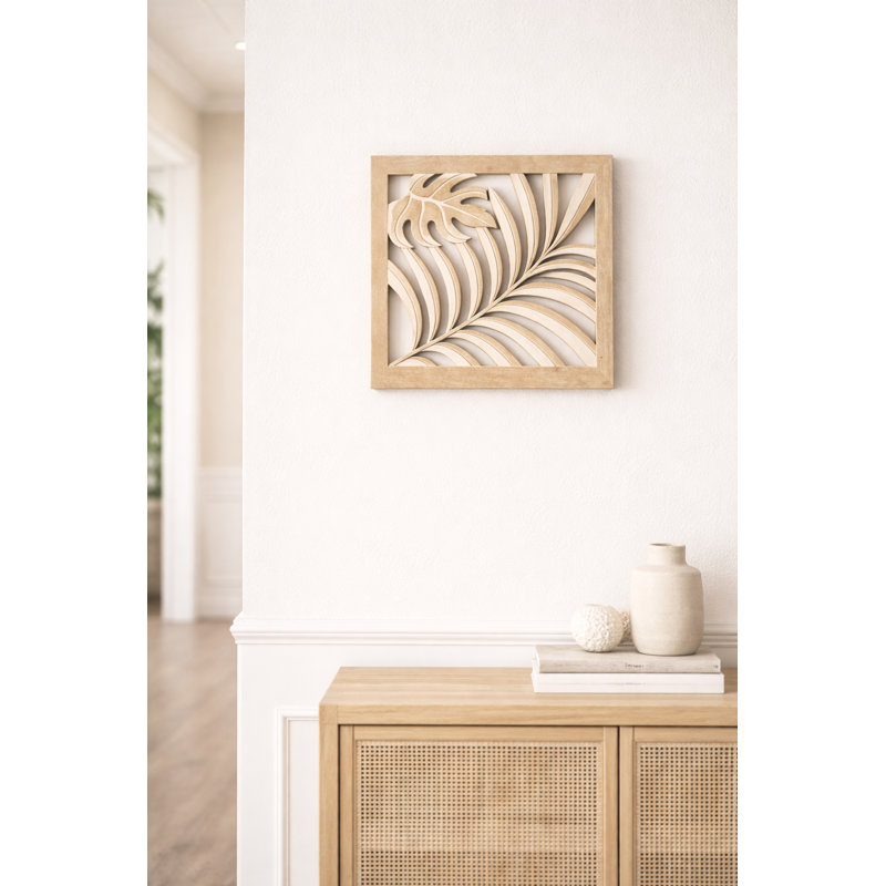 Hand-Carved Palm Leaf Wood Wall Panel, 12" x 12" – Whitewashed Tropical Coastal Cutout Decor for Entryway, Bathroom, or Office