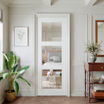 Porte intérieure à 3 battants en verre clair, porte française pleine apprêtée avec verre trempé clair certifié SGCC, préfinie et facile à poser soi-même, satinée, sans quincaillerie, pour garde-manger, chambre, salle de bain et placard, pour portes prémontées, françaises et coulissantes, 71 cm x 203 cm