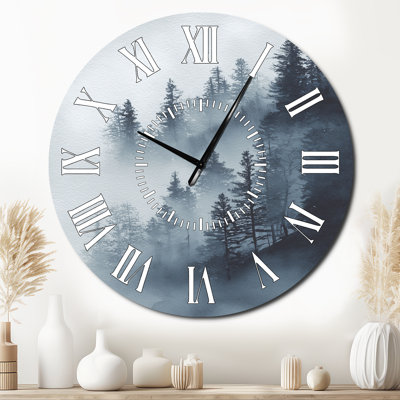 Moody Winter Woodland Foggy - Black Rustic Non-Ticking Metal Wall Clock