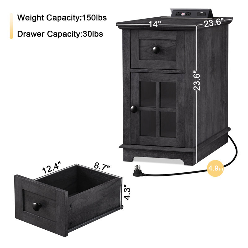 Binyameen 1 Drawer Nightstand for Bedroom with Storage and Built-in outlets, Black/Black