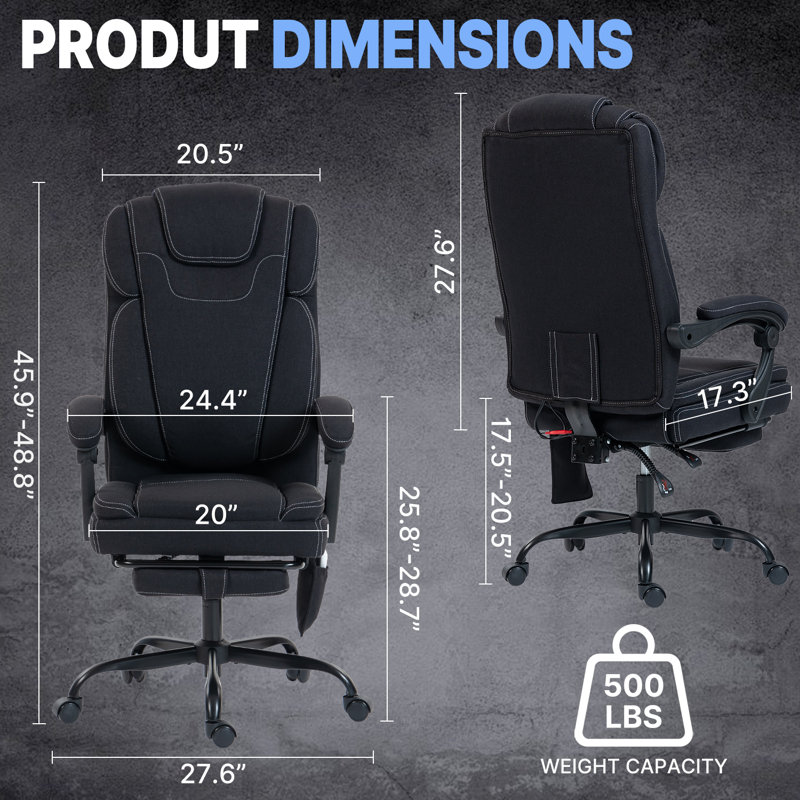 500LBS Ergonomic Massage Office Chair Big and tall Fabric Computer Chair with Foot Rest, Black