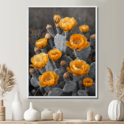 Monochrome Yellow Grey Cactus Desert Flowers I - Floral Cactus Wall Art Print