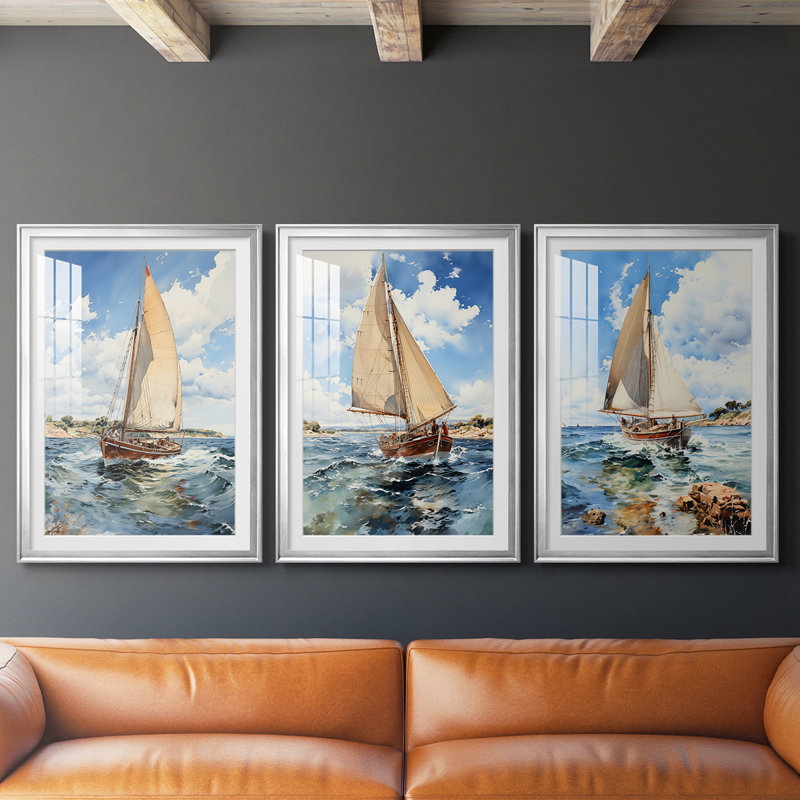 NAUTICAL Series CECXLI - Impression encadrée sur mesure de qualité supérieure - 3 pièces, H 21 po x l 30 po, Argent argent