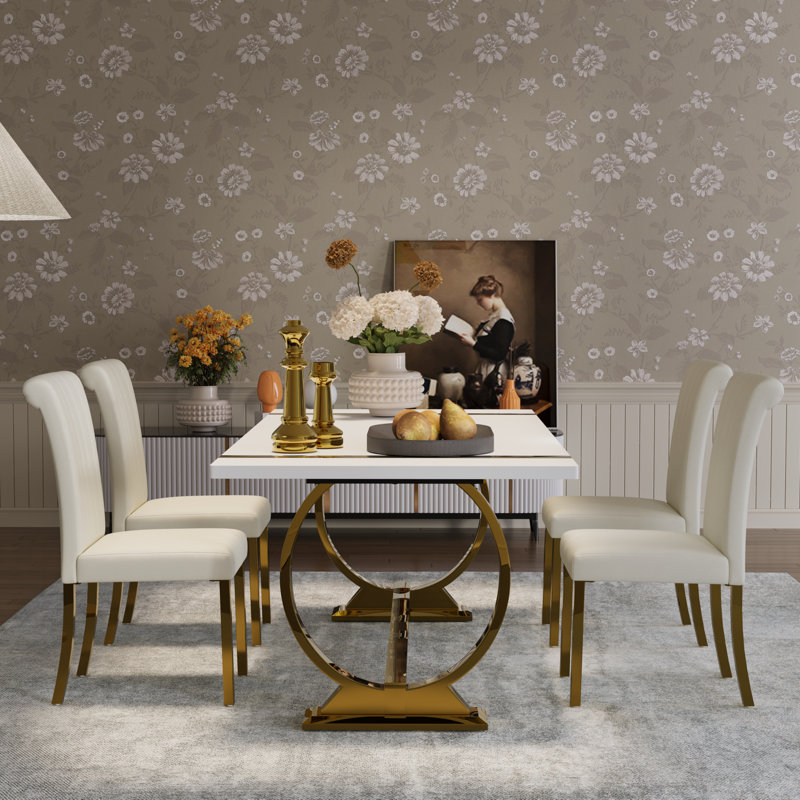 Table de salle à manger blanche spacieuse de 80 pouces avec base en U en miroir, Doré