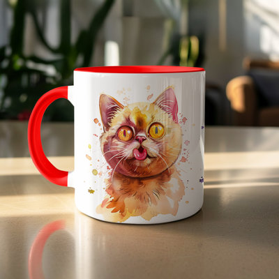 Cat Design 11oz Accent Mug – Ceramic Coffee Cup with Colored Handle and Interior