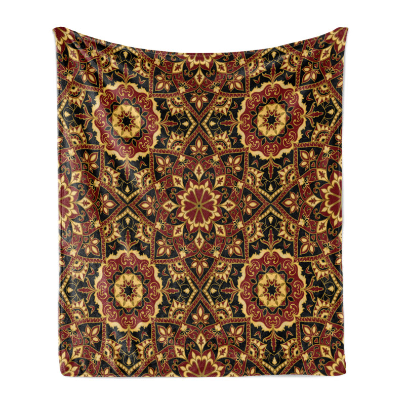 Ambesonne Turkish Pattern Fleece Throw Blanket Dark Byzantine Ruby Mustard Black, 50" W x 60" L