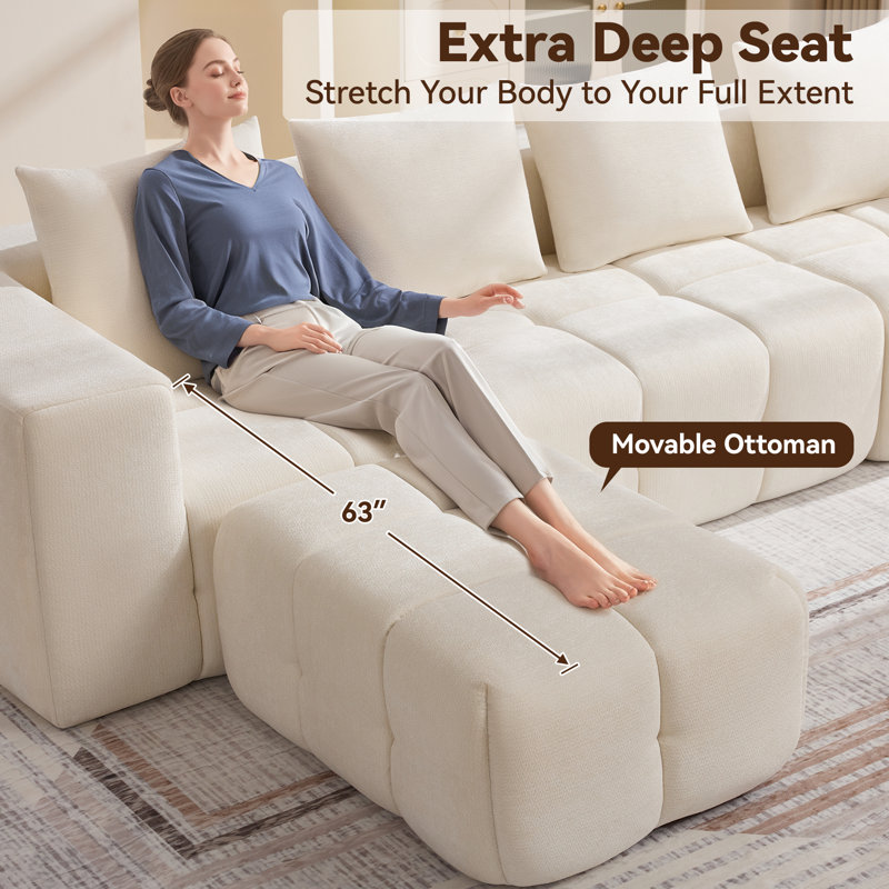 Modular Sofa Set With Ottoman, Compressed No-Frame Boneless Sectional, Beige Chenille, 25" H x 159.8" W x 39.4" D