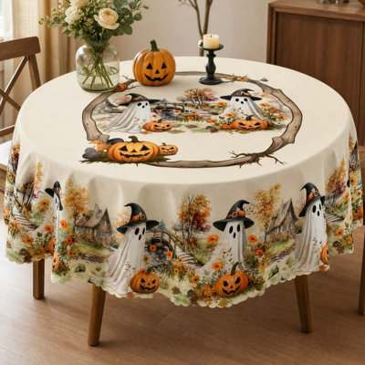 Nappe ronde vintage automne-Halloween, motif fantôme, citrouille et chapeau de sorcière, idéale pour la cuisine, la salle à manger, les fêtes et la décoration intérieure.