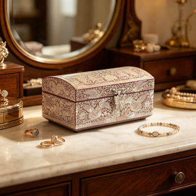 Boîte à bijoux faite à la main en nacre - Organisateur de rangement de bijoux rétro avec couvercle en miroir - Artisanat d'art coréen pour femme - Conception de grue rouge, cadeau souvenir pour anniversaire, mariage, Noël