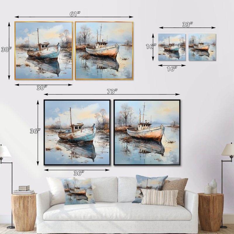 Bateau de charme en hiver - ensemble de 2 collages carrés, Cadre flottant doré, H 30 po x l 61 po