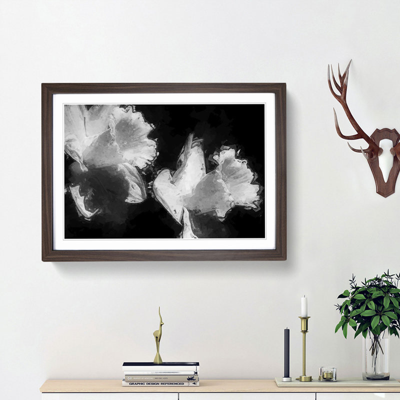 Pair of Daffodils in Abstract - Picture Frame Graphic Art Print, Walnut Framed, 27cm H x 36cm W x 2cm D