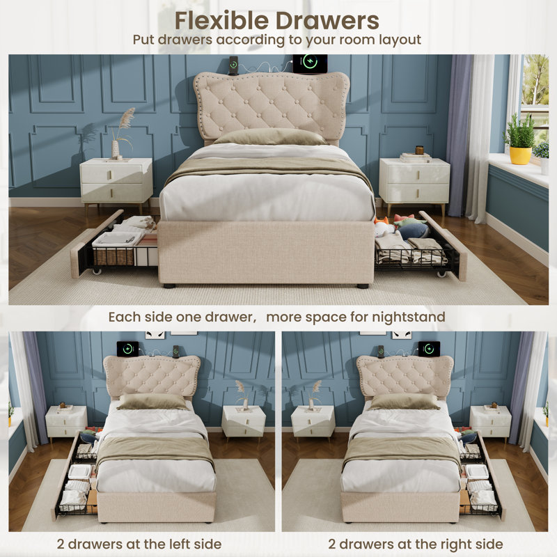 Upholstered Storage Bed, Beige