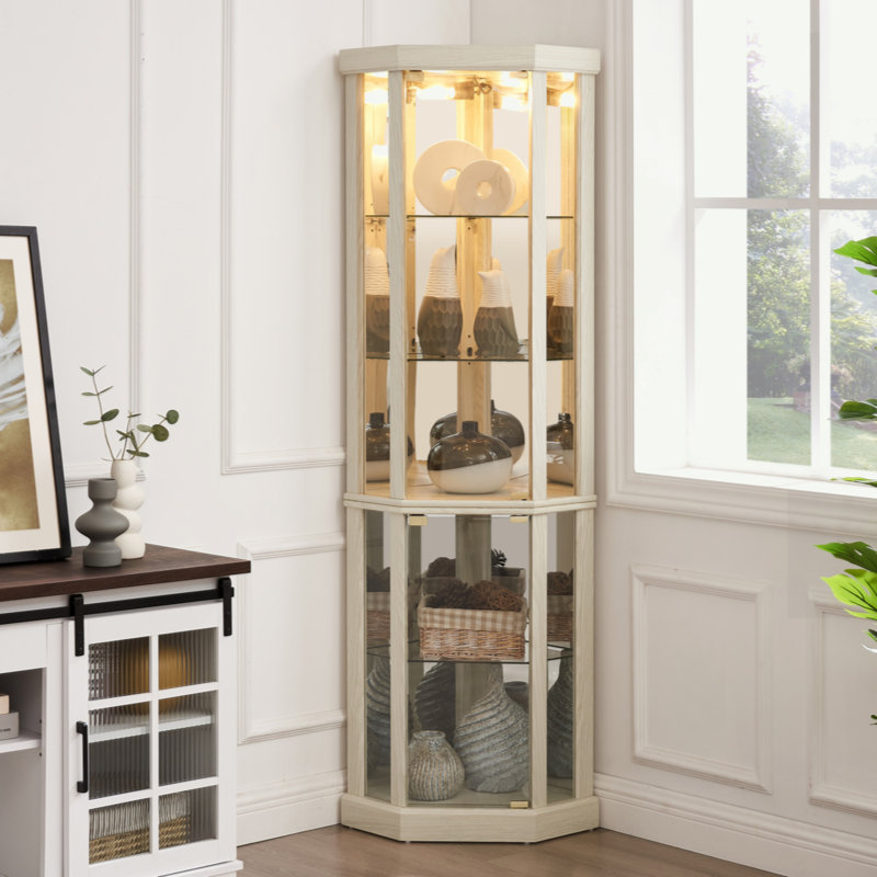 Accent Cabinet with LED Light and glass Doors, Antique White