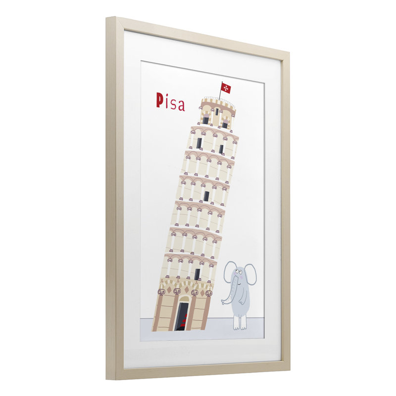 Éléphant et tour penchée de Pise, reproduction sous verre, design par Carla Daly, H 23 po x l 17 po, Cadre de récolte en pin