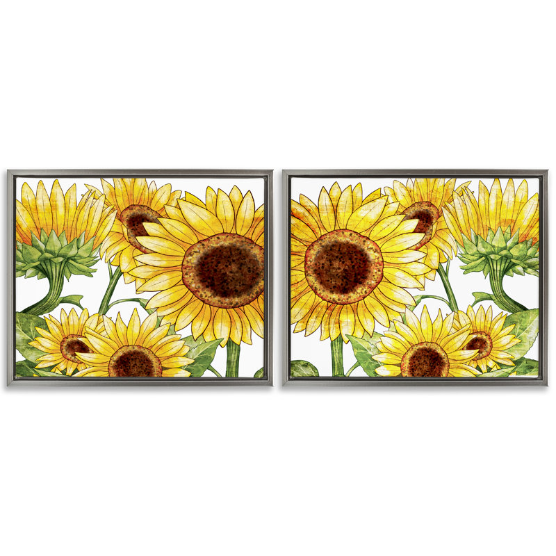 Ensemble de cadres flottants 2 pièces, tournesols chauds, par Kim Allen, Cadre flottant gris lustré, H 17 po x l 21 po