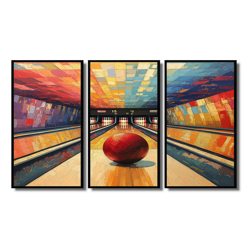 Bowling Alley Nights - Ensemble d'art mural de bowling, H 28 po x l 36 po x P 1 po, Toile avec cadre flottant noir