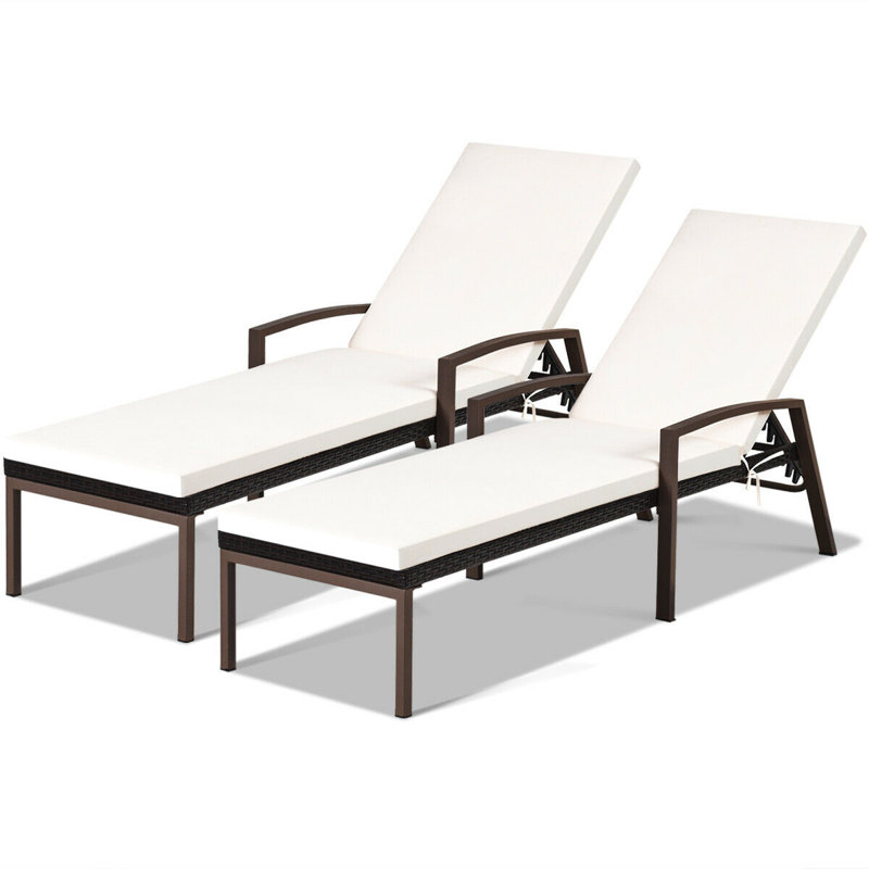White Steel and Rattan Outdoor Chaise Lounge Set with Cushions