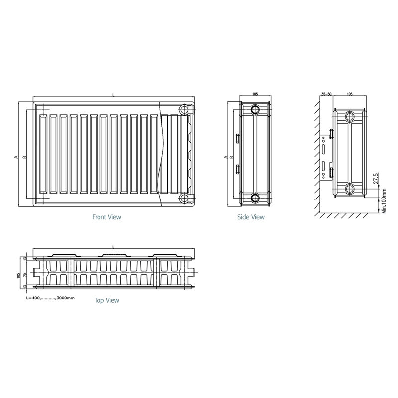 Mickler Horizontal Standard Radiator, 23.62cm H x 86.61cm W x 4.13cm D