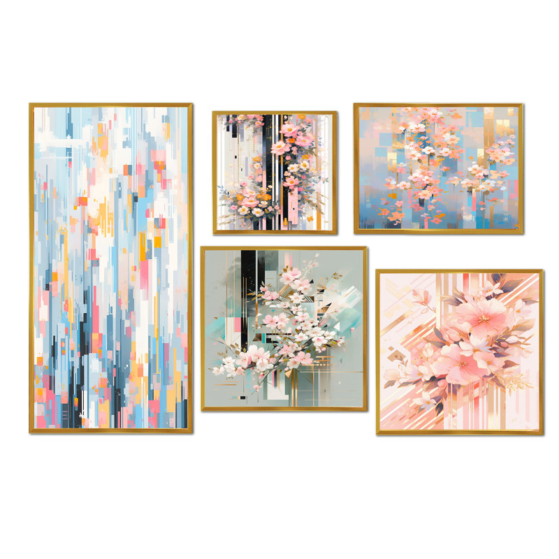 Fleurs de cerisier modernes roses "Bold Stripes I" - ensemble d'art mural sur toile cerise de 5, Cadre flottant doré