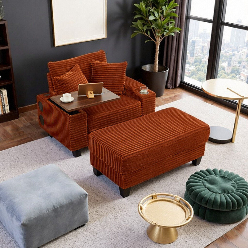 Canapé 74 po multifonctionnel avec repose-pieds Bluetooth et table USB, Orange