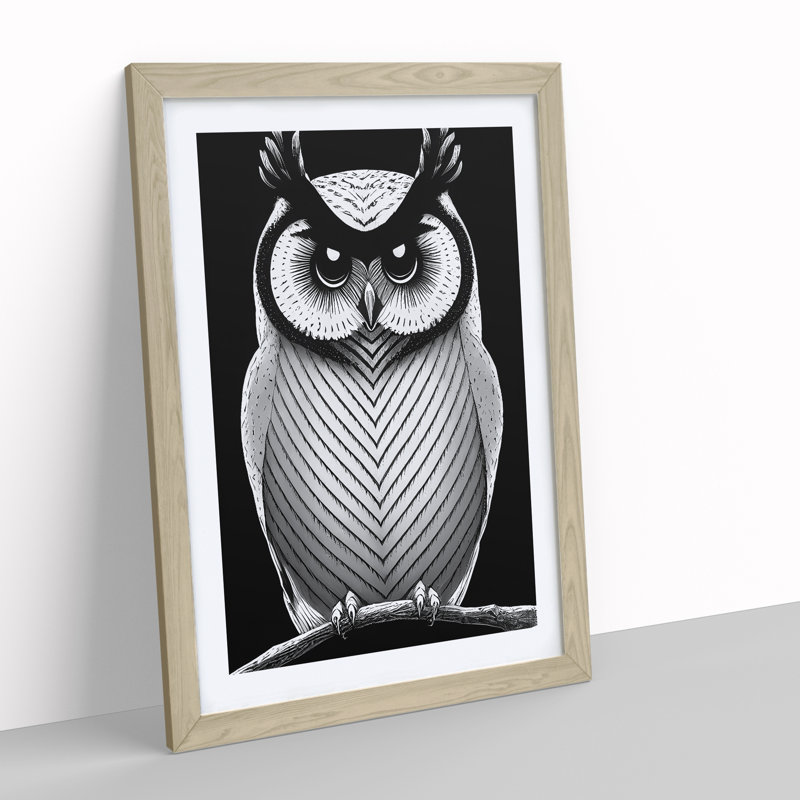 Owl in Monochrome - Framed Print, 34cm H x 25cm W x 2cm D, Oak