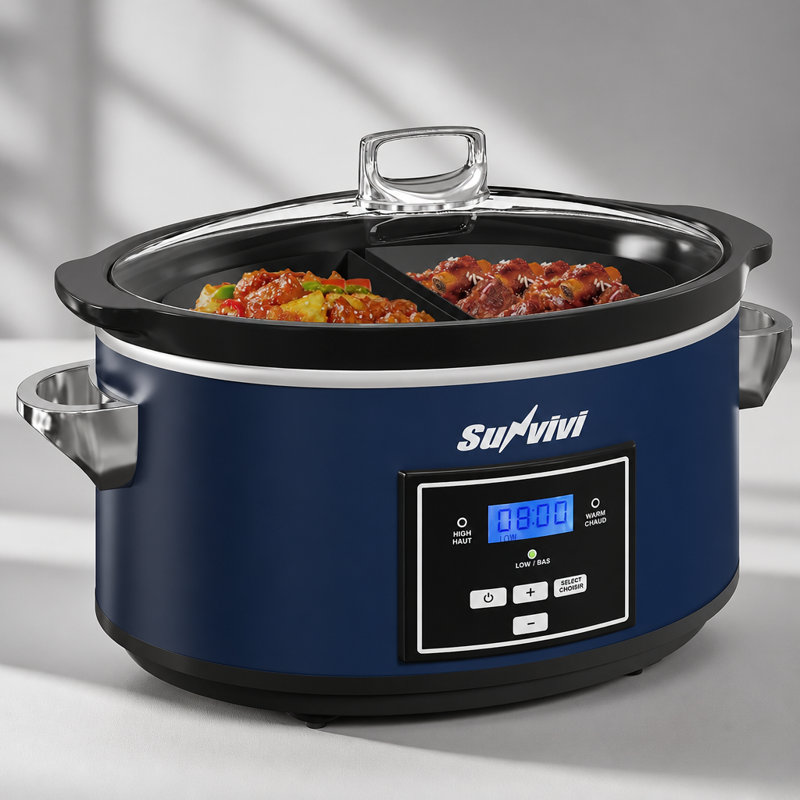6 Quart Programmable Slow Cooker with 2 in 1 Silicone Liners, Digital Timer, Blue, Blue